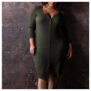 Torrid Olive Green Rib Button Front Bodycon Midi Dress